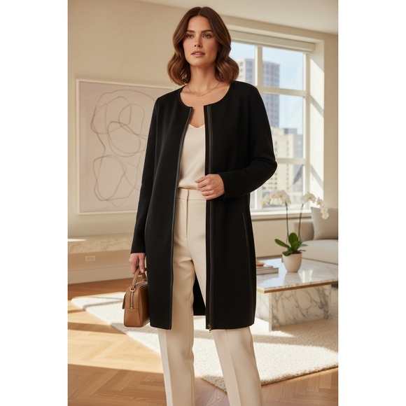 Eileen Fisher Jackets & Blazers - Eileen Fisher Jacket XS Black Leather Trim Zip Front Longline Textured Knit Coat
